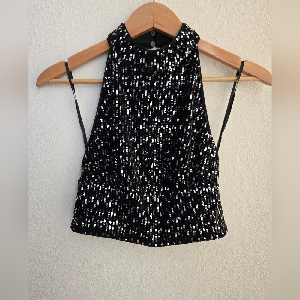 Vero Moda Black Sequin Halter Crop Top